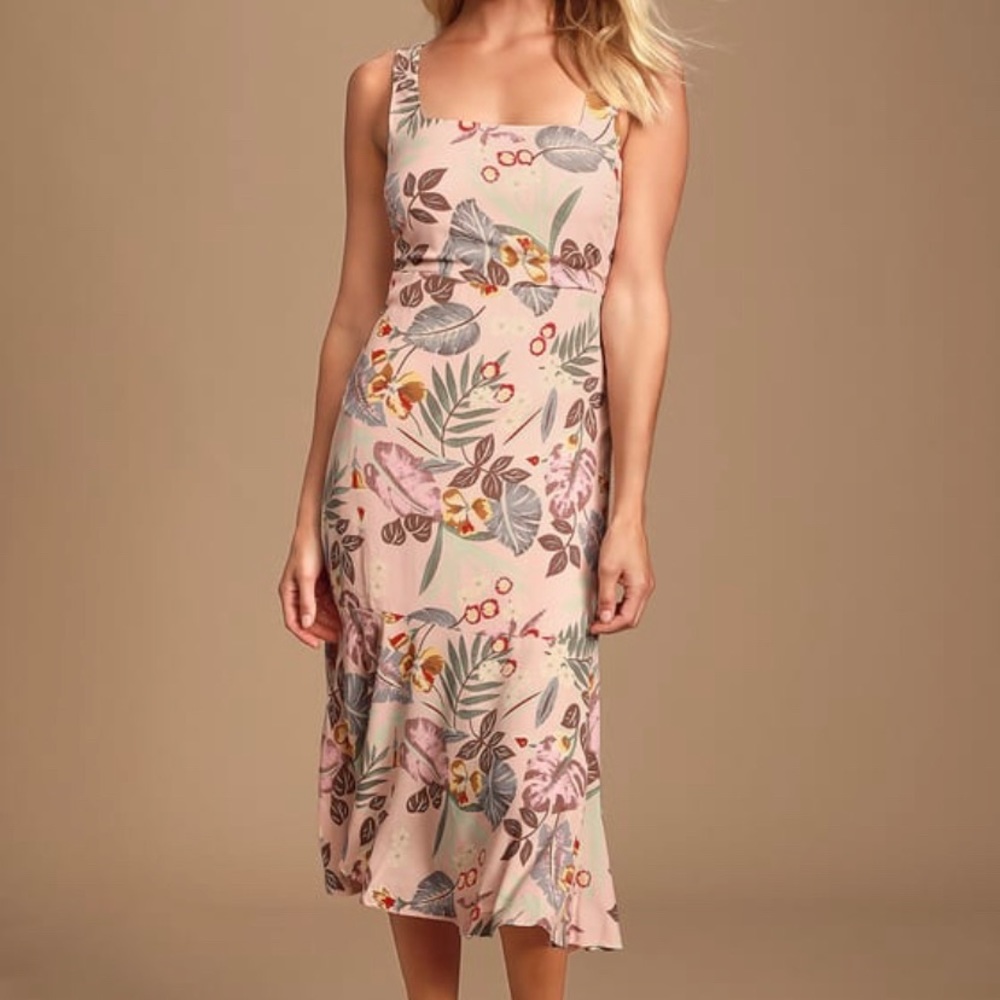 Lulus Tropical Midi Dress Women Tie Back Summer Garden Vacation Medium Neutral